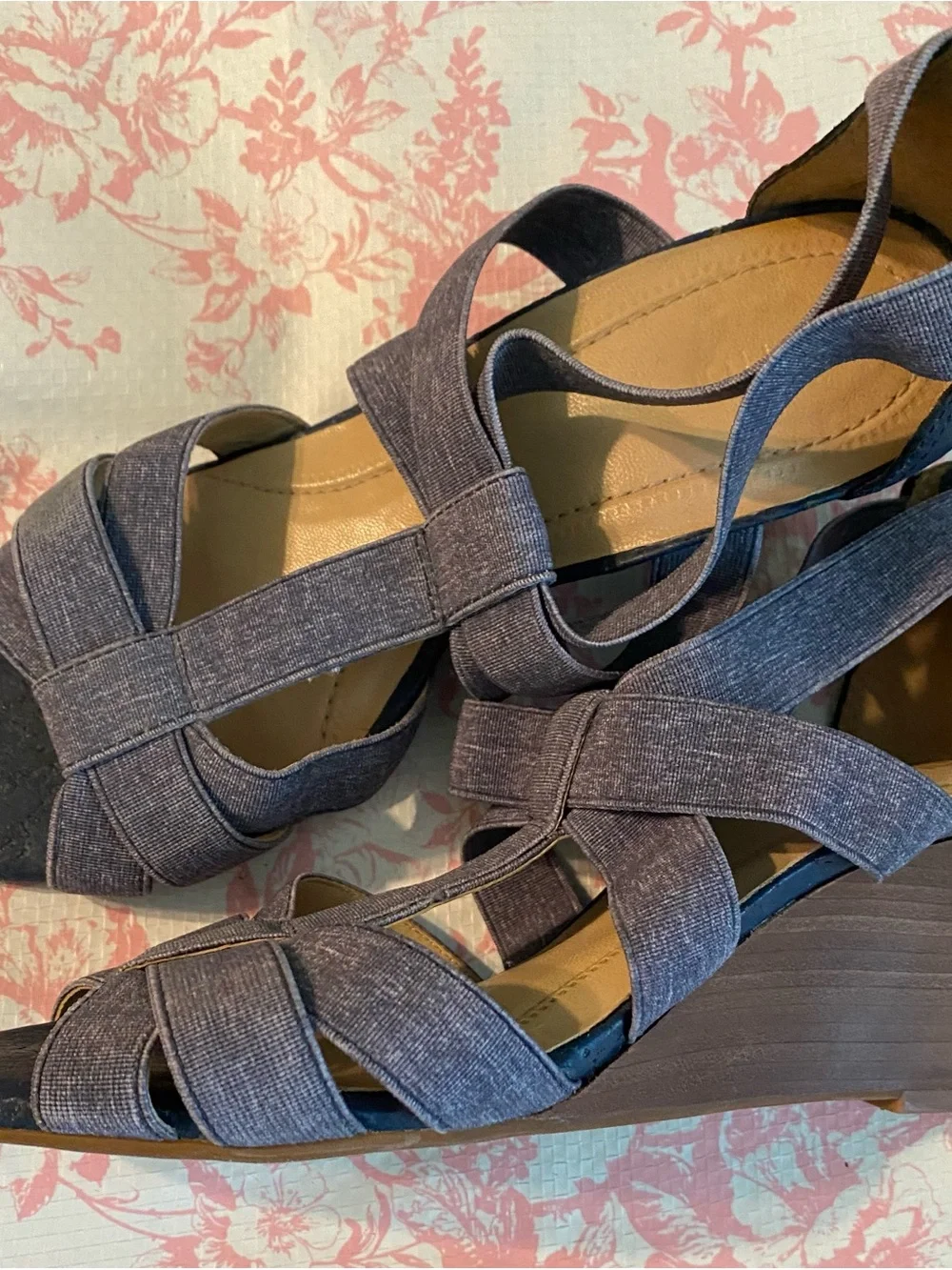 Womens Blue Denim Strappy Wedge Sandals